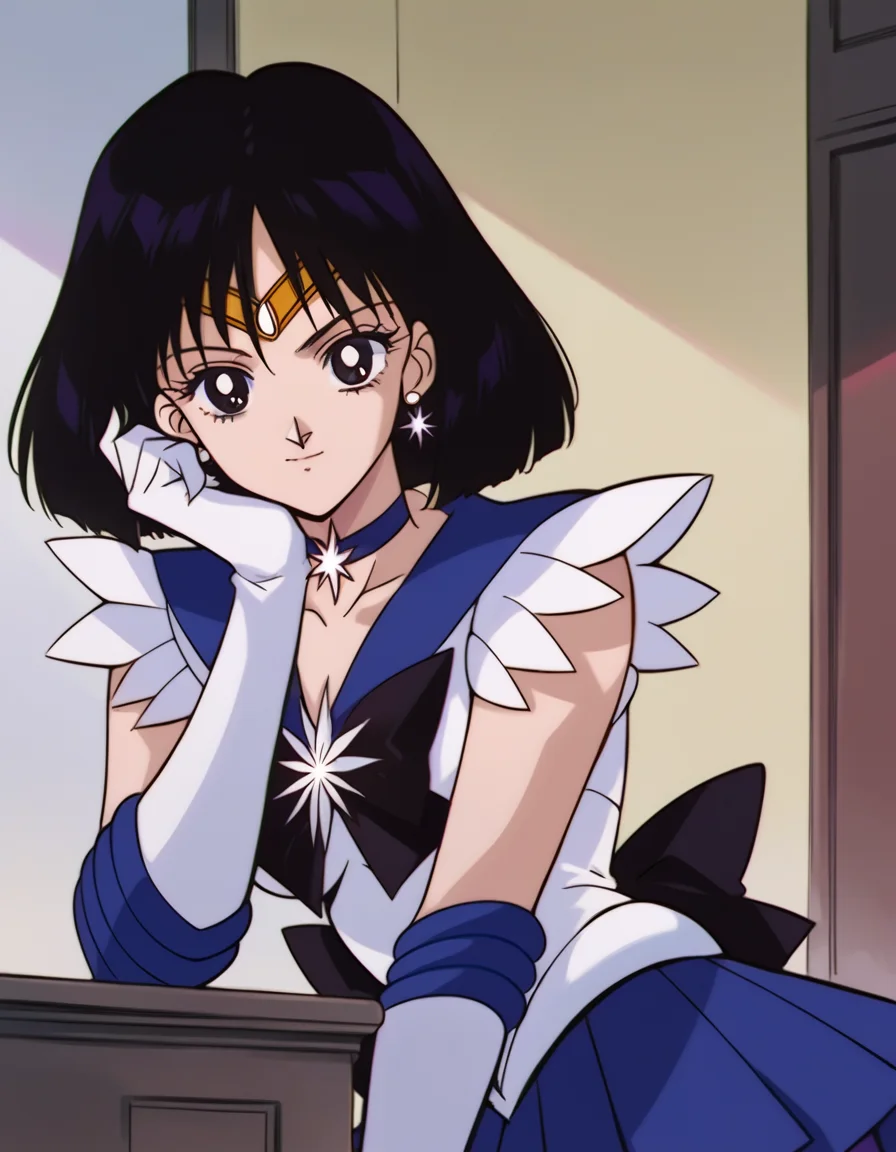 score_9, score_8_up, score_7_up, source_anime, <lora:hotaru-tomoe-s3-ponyxl-lora-nochekaiser:1>, hotaru tomoe, short hair, black hair, black eyes,, skirt, gloves, bow, jewelry, pleated skirt, earrings, choker, elbow gloves, white gloves, sailor collar, star (symbol), magical girl, tiara, brooch, purple skirt, back bow, sailor senshi uniform, star choker, purple sailor collar, star brooch, sailor saturn, indoors, smile, looking at viewer, solo, sitting, head rest,, cowboy shot, dutch angle