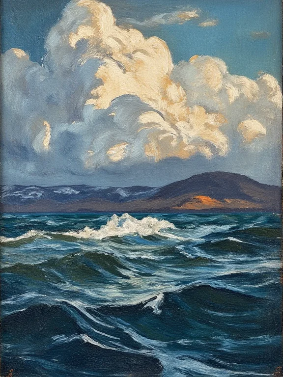 Dramatic Post-Impressionist painting by artist Helmer Osslund. Cloud formations over stormy ocean. The brushwork is expressive, with visible texture enhancing the nature of the subject. The mood is both melancholic and majestic, evoking a sense of solitude and power. Inspired by Nordic or National Romanticism painting traditions, with an emphasis on atmosphere and dynamic movement in the artwork