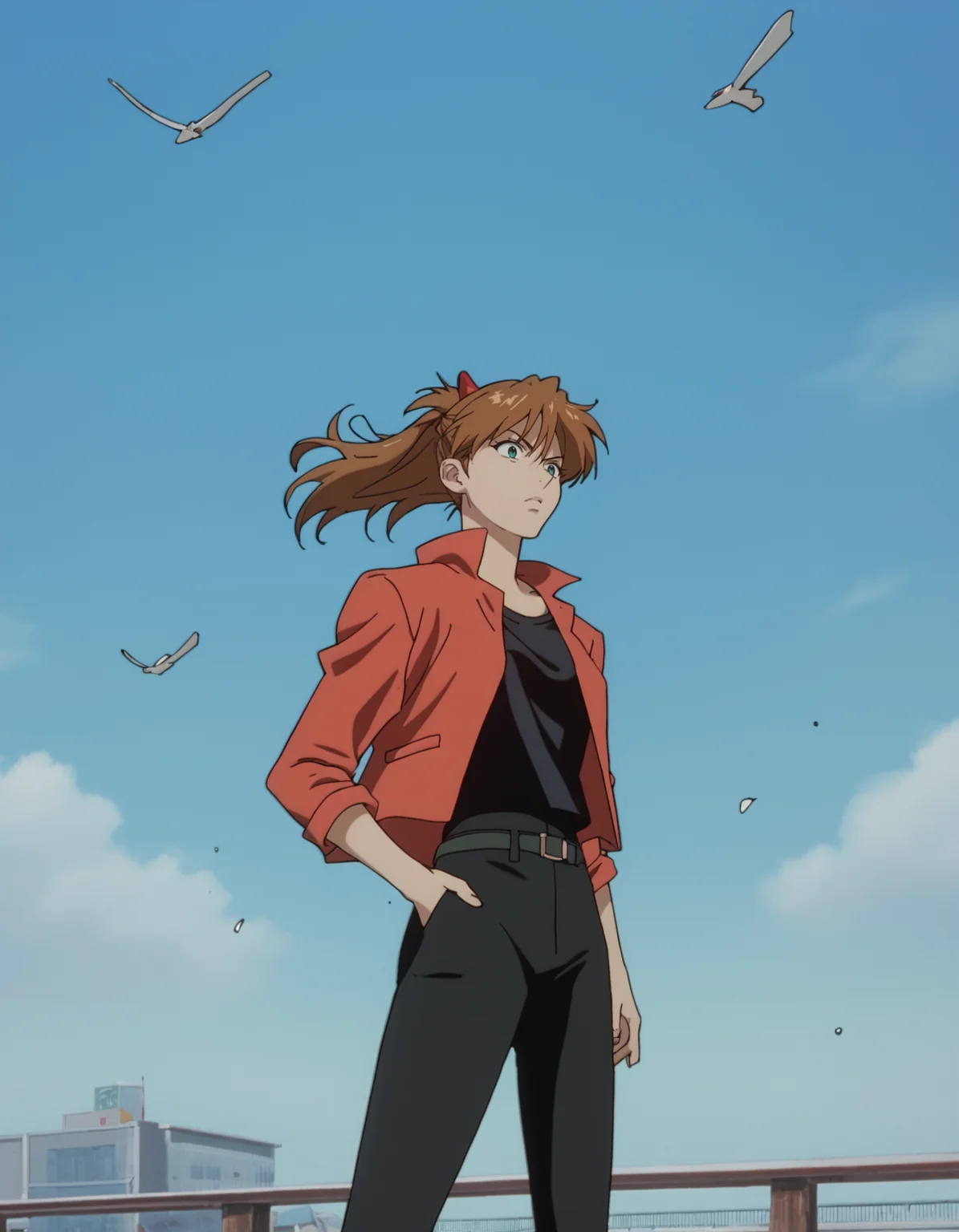 score_9, score_8_up, score_7_up, <lora:cowboy-bebop-ponyxl-000020:1> souryuu asuka langley, cropped jacket, black tank top, belt, pants, black pants,
1girl, solo, summer, storefront, wind chime, blue sky, cowboy shot, dynamic