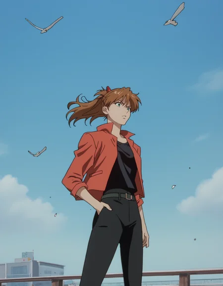 score_9, score_8_up, score_7_up, <lora:cowboy-bebop-ponyxl-000020:1> souryuu asuka langley, cropped jacket, black tank top, belt, pants, black pants,
1girl, solo, summer, storefront, wind chime, blue sky, cowboy shot, dynamic