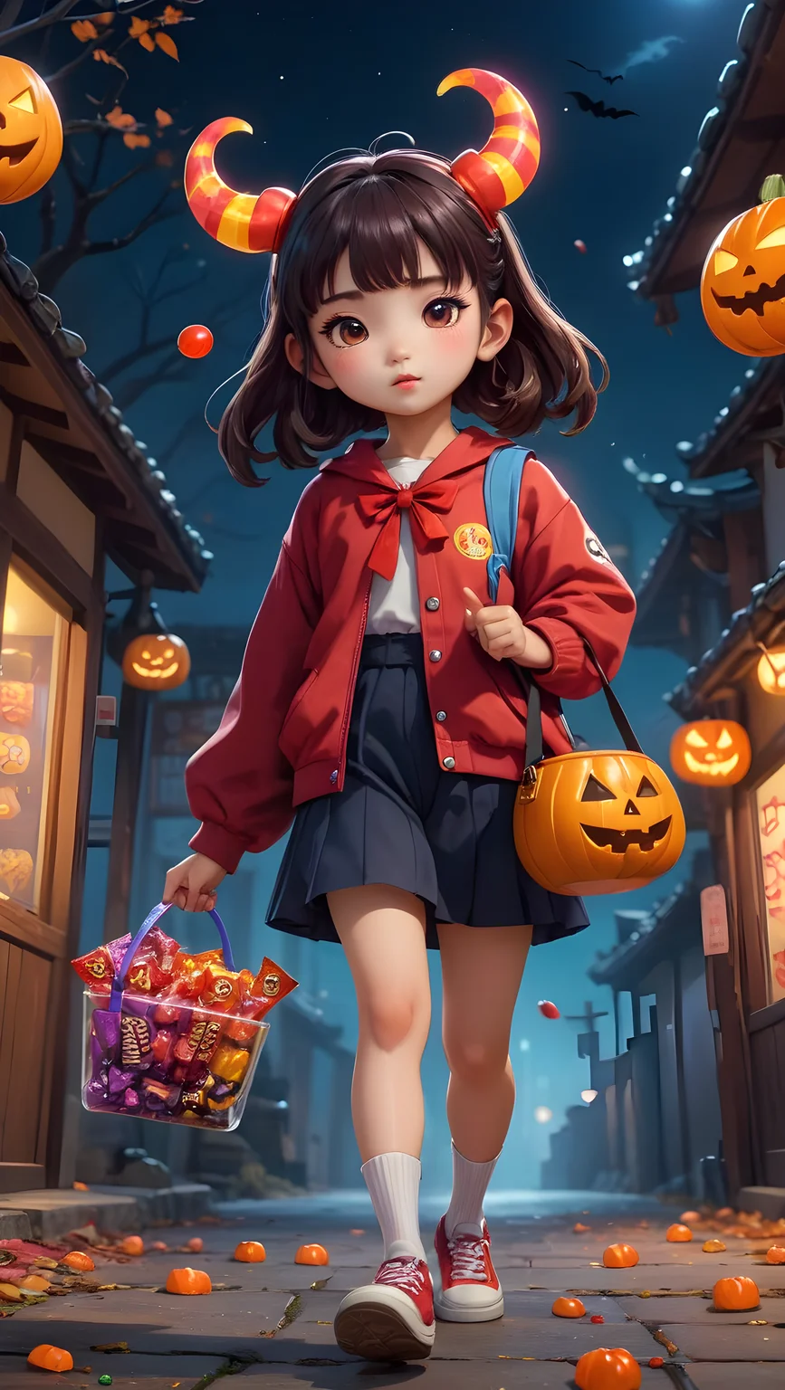 korean lofi style, cute adorable oni girl, walking around with a bag of candy, halloween style, best quality, perfect composition, leaning left, funny, spooky, goofy, masterpiece, best quality, highly detailed, sharp focus, dynamic lighting, vivid colors, texture detail, particle effects, storytelling elements, narrative flair, 16k, UE5, HDR, subject-background isolation