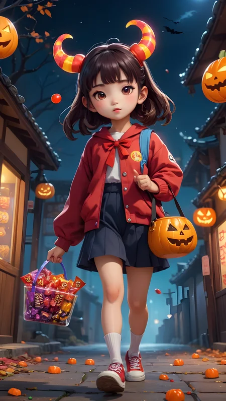 korean lofi style, cute adorable oni girl, walking around with a bag of candy, halloween style, best quality, perfect composition, leaning left, funny, spooky, goofy, masterpiece, best quality, highly detailed, sharp focus, dynamic lighting, vivid colors, texture detail, particle effects, storytelling elements, narrative flair, 16k, UE5, HDR, subject-background isolation
