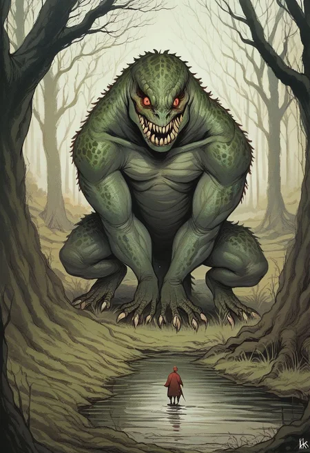 Score_9,score_8_up, score_7_up, source_cartoon,
in the style of Beatrix Potter,
giant black monster lizard in the swamp, red sinister eyes,
hidden behind dead trees,
creepy moon