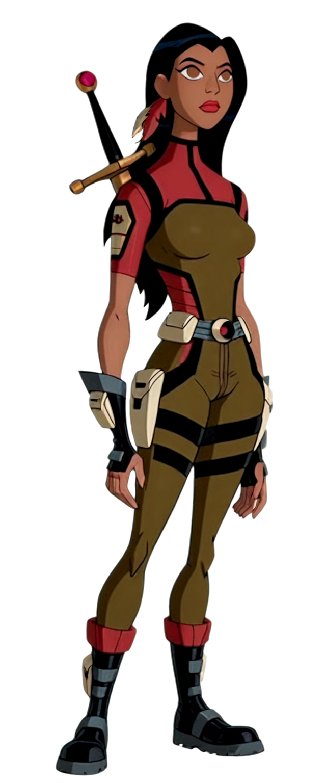 futureKaiOV, 1girl, solo, dark-skinned female, brown eyes, black hair, long hair, red lips, full body, fingerless gloves, boots, feathers, medium breasts, brown bodysuit, red sleeves, blank eyes, sword behind back, sheathed,  white background, detailed, masterpiece,best quality,amazing quality,
