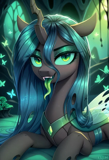 masterpiece, score_9, score_8_up, score_7_up, score_6_up, (best quality:1.1), ultra-detailed, high resolution, (solo), (1WOMAN), (ALICORN PONY), (GODDESS CHRYSALIS) ((long cerulean hair:1.2)), (highly detailed pony face:1.4), (beautiful detailed green shiny slitted eyes), (long luscious eyelashes:1.4), (detailed hair:1.5), (shiny black fur:1.5), (shiny skin:1.5), (seductive smile:1.5), (green royal regalia with holes:1.5), ((highly detailed green hive background:1.5)), (green changeling hive background:1.5) ((green butterflies all around her:1.5)), (green roses all around her:1.5), (dynamic pose:1.4), (green long tongue:1.6), (tongue out:1.5), (green blush:1.5), (laying down in green bed:1.5), high quality, sharp, the quality of ai art is frightening, highly detailed, Highly Visible, sharp focus, high detail, detailed background,