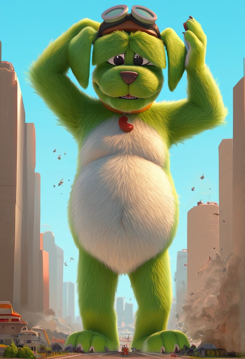 score_9, score_8_up, score_7_up, score_6_up, solo focus, 1male, larger body, (Beans, Go Dog Go), long ears, (green fur, white belly)), brown collar, jellybean shaped tag, ((anthro, anthro dog, dog body)), (black eyes), Perfect paws, 1male, (source_furry), full body, solo, eyebrows, brown bomber hat with googles, anthro, detailed fur, slightly chubby, detailed eyes, low angle view, ((macro)), ((giantess)), outdoors, ((sunshine)), ((sunny day)), ((bright light)), in the city, (shrunken city :1.3), (shrunken cityscape:1.2), micro cityscape, full detailed city, destruction, mass destruction, full body, perfect face, focus on furry, shy face, (sexy perfect face), looking at viewer, sexy, highly detailed, Expressiveh, perfect eyes, big feet, landscape, orgasm face, blue sky, daytime, standing