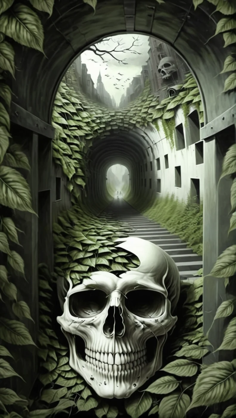 illusionix, skull, face city, leaves, tunnel<lora:illusionix:1>