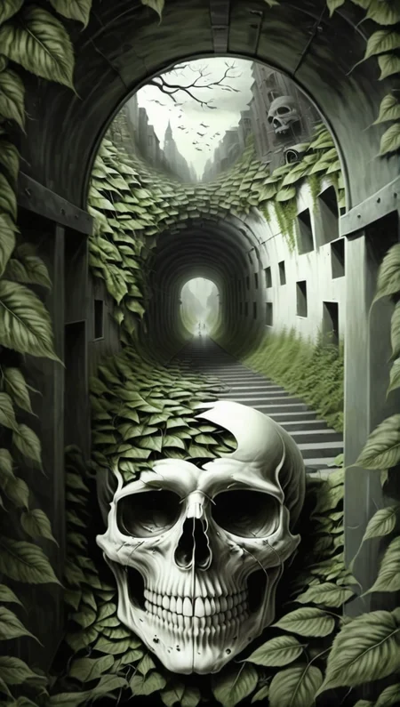 illusionix, skull, face city, leaves, tunnel<lora:illusionix:1>