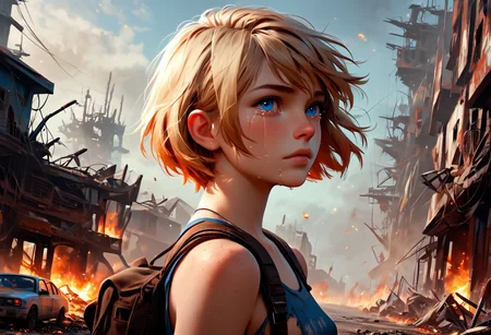 1girl, Masterpiece, 4k, ultra high detail, score_9, score_8_up, score_8, 18yo, petite, medium breast, short blonde hair, fcNeg, stunning blue eyes, freckles, white skin, small nose, innocent beauty, slim face, skinny petite body,
Torn sport clothes
Fear in her eyes, crying,
Sideview, Apocalyptic scene, burning skyscraper, burning city, derstroyed cars, a huge asteroid swarm in the sky,
Many asteroids in the sky,
End of the World,
negative_hand, NightScapes,