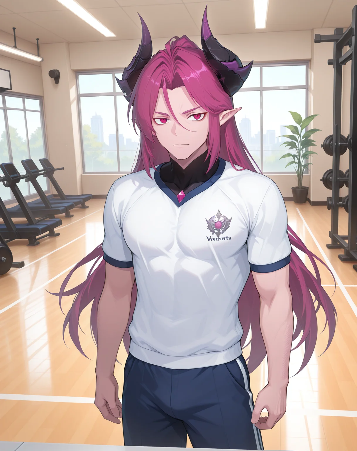 masterpiece,best quality,amazing quality, newest, very aesthetic, absurdres,
1boy, solo, yaoi, male focus, looking at viewer, cowboy shot, standing,
<lora:Werner_Limit_Break_ilxl:1> wernerlb, pointy ears, long hair, red eyes, magenta hair, horns, demon boy, hair between eyes, mature male,
gym uniform, gym shorts, gym shirt,
indoors, gym,