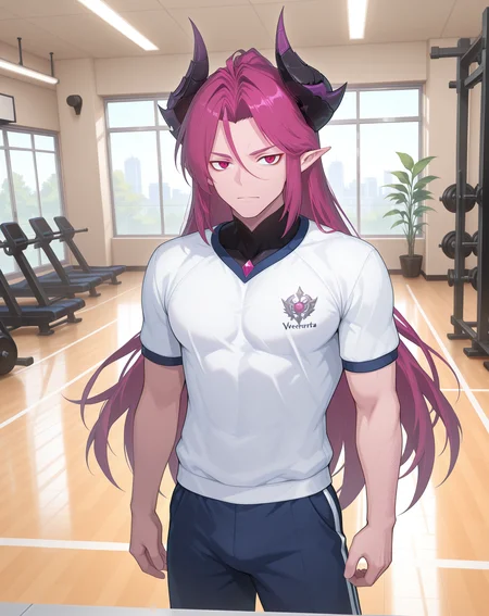 masterpiece,best quality,amazing quality, newest, very aesthetic, absurdres,
1boy, solo, yaoi, male focus, looking at viewer, cowboy shot, standing,
<lora:Werner_Limit_Break_ilxl:1> wernerlb, pointy ears, long hair, red eyes, magenta hair, horns, demon boy, hair between eyes, mature male,
gym uniform, gym shorts, gym shirt,
indoors, gym,