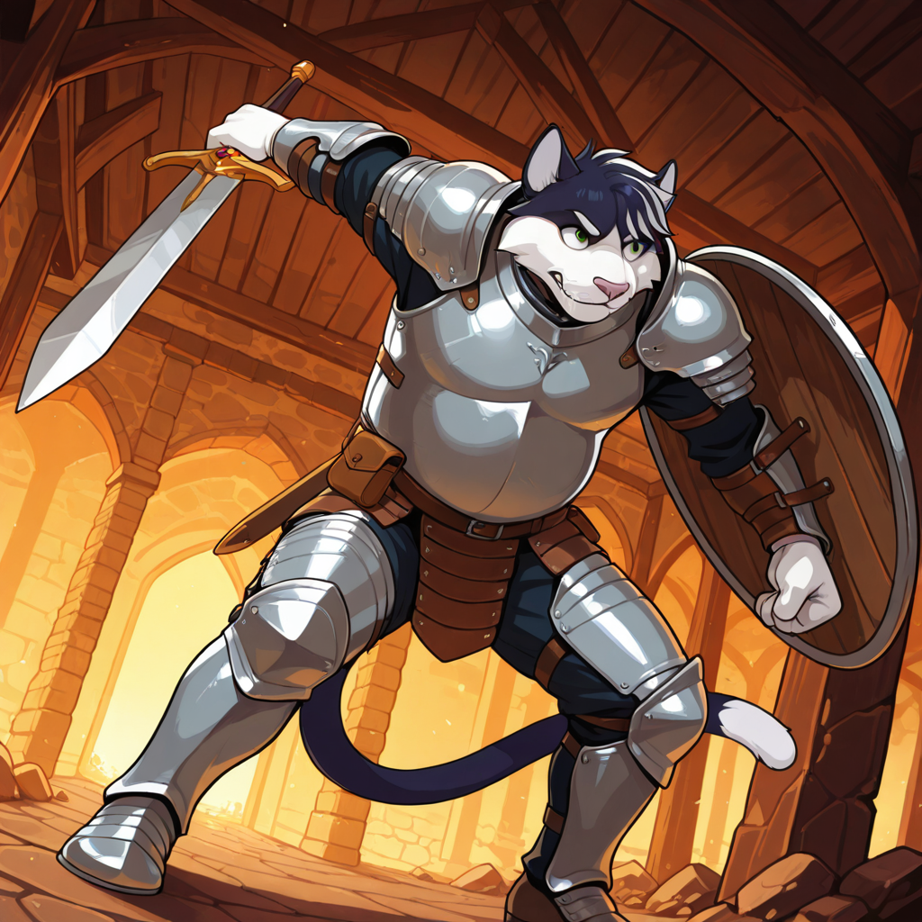 furry, solo, male, striped fur, striped hair, white paws, green eyes, tail, slightly chubby, attack, greatsword, sword, gloves, holding sword, pouch, shield, shield on back, swinging weapon, knight, armor, medieval, detailed background, three quarter view, dynamic angle, pose, dynamic pose, dutch angle, looking ahead, masterpiece, best quality, amazing quality, very aesthetic, highres, absurdres, detailed background, intricate details, jaysercap, <lora:Jayce_Sercap:1>, <lora:add-detail-xl:0.5>, <lora:Expressive_H:0.2>, <lora:spo_sdxl_10ep_4k-data_lora_webui:0.2>, <lora:sdxlVAE_sdxlVAE:0.1>, <lora:noobai_ep11_stabilizer_v0.138_fp16:0.3> , <lora:noobaiXLNAIXL_epsilonPred11Version-lora:0.1>