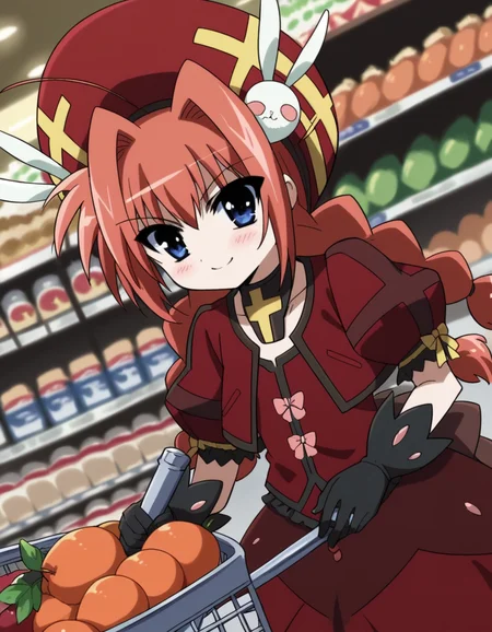score_9, score_8_up, score_7_up, source_anime, <lora:vita-movie2-ponyxl-lora-nochekaiser:1>, vita, blue eyes, braid, ahoge, red hair, twin braids, rabbit hair ornament,, gloves, hat, dress, weapon, open clothes, open jacket, magical girl, red dress, cropped jacket, hammer,, grocery store, shopping cart, picking fruits, everyday life, , smile, looking at viewer, hand on stomach, blush,, solo,, dutch angle,