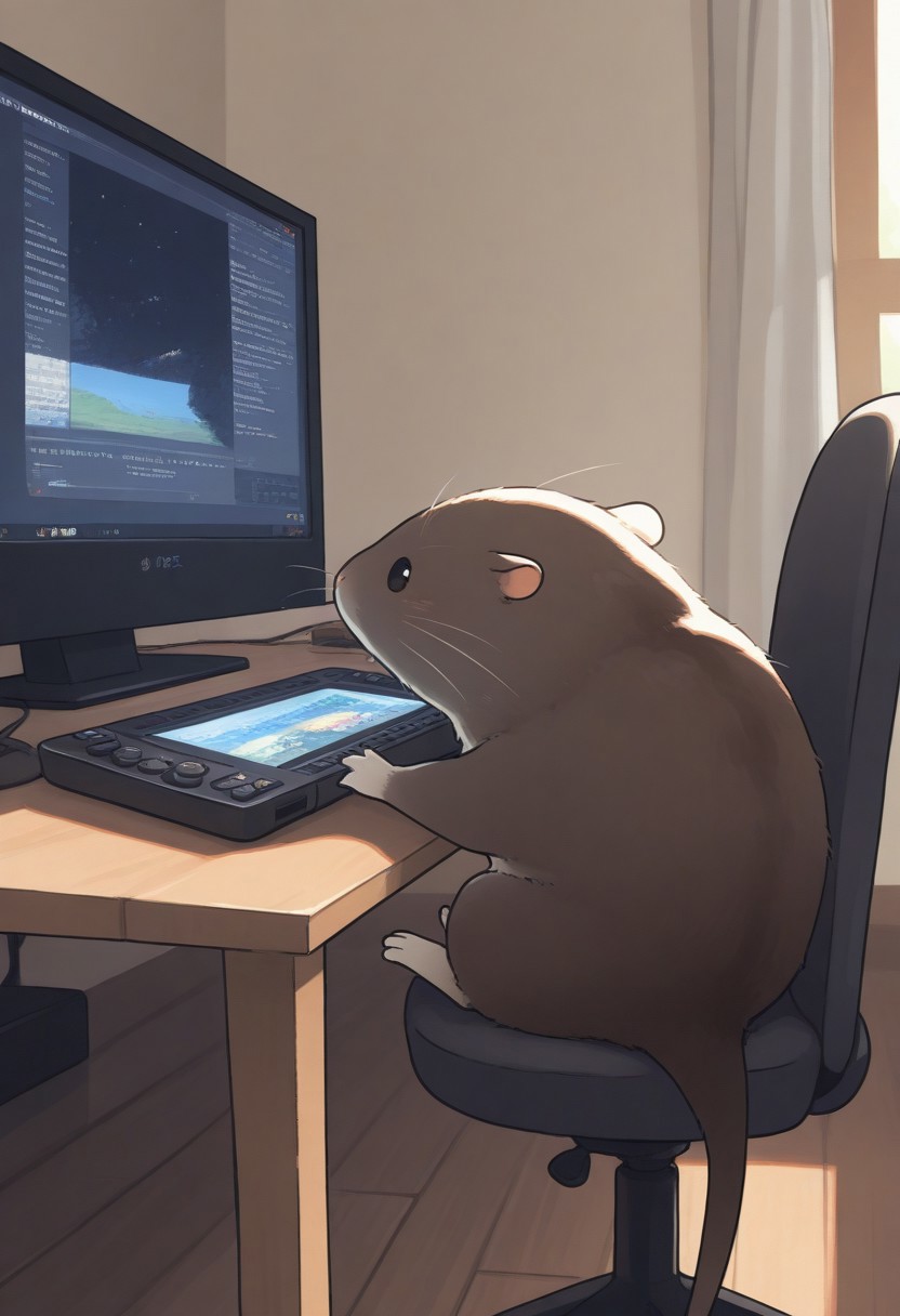 "(masterpiece, best quality, high quality, highres), very awa, highres, absurdres,
(naguru \(cyoroama\):0.9), (chii-kun \(seedyoulater\):0.7), 
(muskrat:1.1),
(no humans:1.1), (cute:1.2), comfy, solo, cozy,
indoors, sitting at table, PC, sitting on a chair, playing video game, looking at PC, open mouth, relaxed, sunny day, "