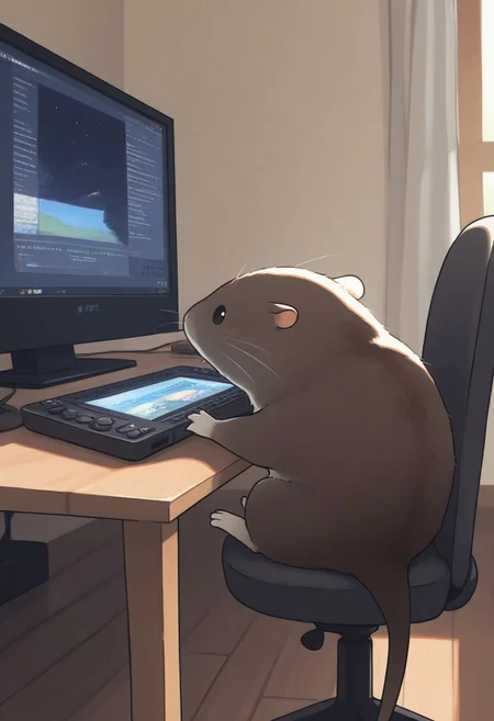 "(masterpiece, best quality, high quality, highres), very awa, highres, absurdres,
(naguru \(cyoroama\):0.9), (chii-kun \(seedyoulater\):0.7), 
(muskrat:1.1),
(no humans:1.1), (cute:1.2), comfy, solo, cozy,
indoors, sitting at table, PC, sitting on a chair, playing video game, looking at PC, open mouth, relaxed, sunny day, "