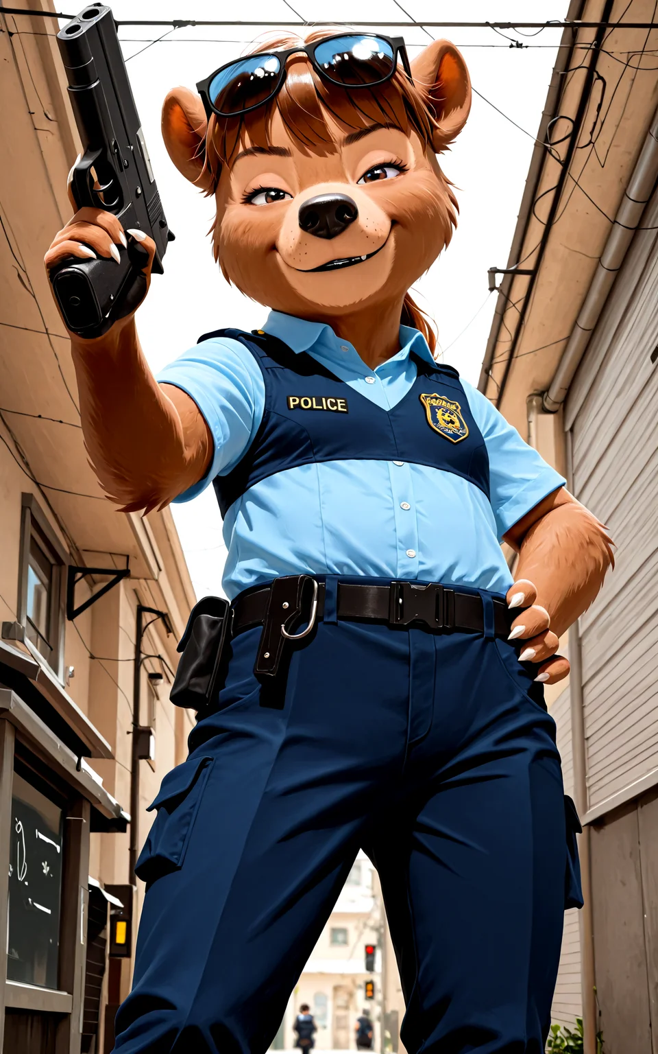 <lora:BearslIllustriousNAI-000060:1> (cute:1.3), ambrosia, brown hair , bear BREAK
Police uniform, holding gun, smirk, low-angle view, looking down at viewer, sunglasses
Smooth Quality, BREAK
perfect quality, best quality, clear composition, absurdres, high resolution, newest (masterwork, masterpiece, hyper-detailed, 8k uhd), BREAK
lazypos, (SuperQuality:1.0) ~ (SuperQuality:1.2)âââ
