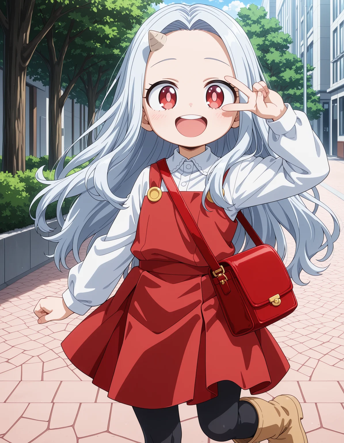 ultra-detailed, ultra-detailed eyes, ultra-detailed fingers, ultra-detailed hands, anime screencap, anime coloring, round face, cute face, cute, adorable, moe, outdoors,
1girl, Eri, child, white hair, long hair, red eyes, light pupils, single horn, red dress, white shirt, long sleeves, black leggings, beige boots, red purse,
v over eye, legs apart, open mouth, leg up,
<lora:spo_sdxl_10ep_4k-data_lora_webui_482964:1>, <lora:add-detail-xl:1>, <lora:Eri_-_My_Hero_Academia__Boku_no_Hero_Academia_-_Illustrious:1>,
masterpiece, best quality, amazing quality, very aesthetic, absurdres,