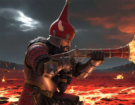 masterpiece, good quality, best quality, solo, 2d, anime, fire, lava, dark clouds, from side,
chorfwarrior, armor, 1boy, solo, beard, helmet, holding gun, aiming, red eyes, tusks,
<lora:ChaosDwarfWarrior_Vpred:0.6>