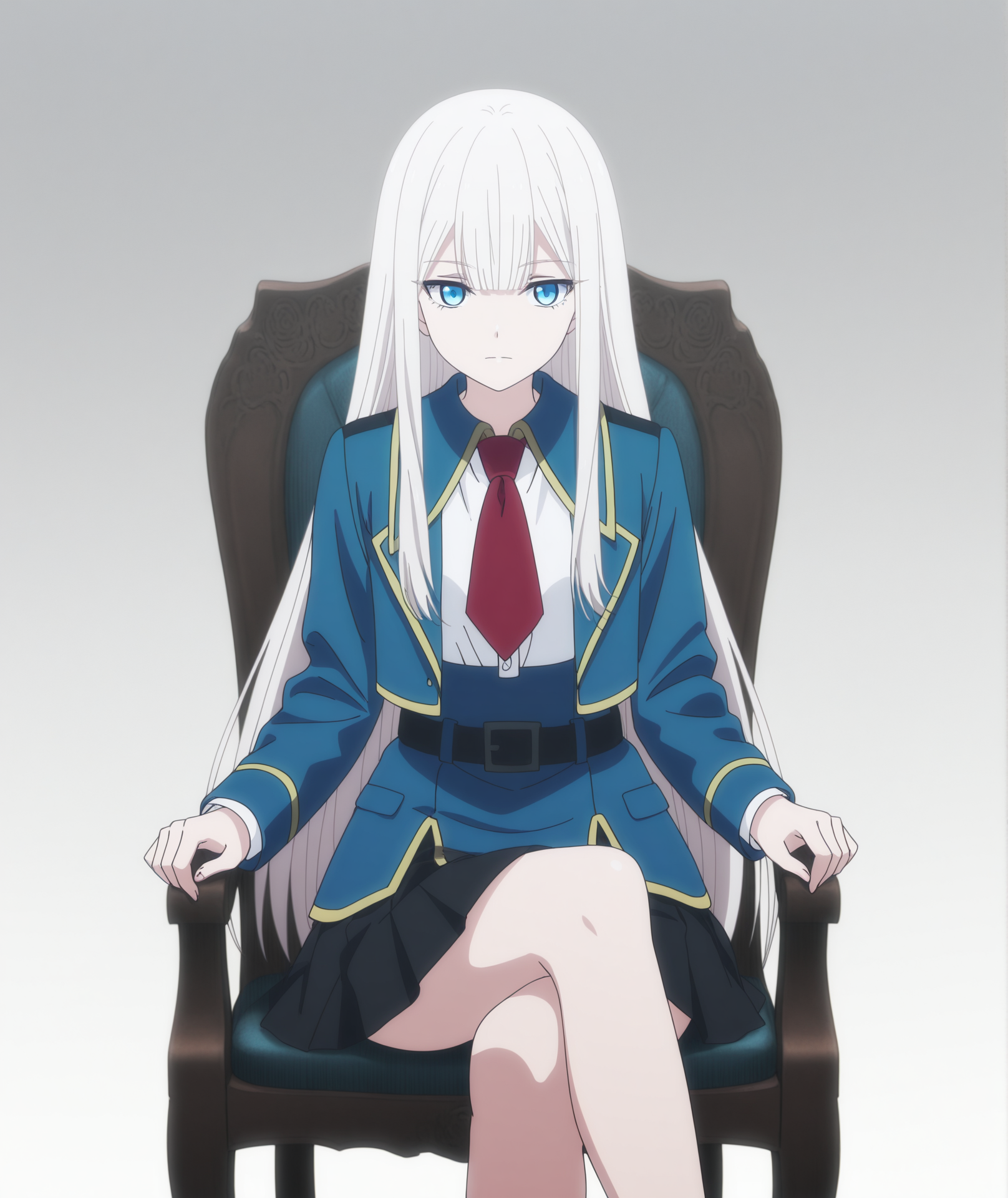 highres, absurdres, hi res, best quality, masterpiece, 2d, intricate details, 4k, anime coloring, elegant, digital painting, highly detailed, artstation, sharp focus, illustration,
1girl, solo, female, eyelashes, nose, long hair, bangs, blue eyes, white hair,
skirt, shirt, long sleeves, school uniform, jacket, white shirt, pleated skirt, necktie, skirt under dress, black skirt, blue jacket, red necktie, belt,
white background, gradient background, sitting, crossed legs, chair, on chair, 
blurry, motion blur, motion lines, focus blur, depth of field, <lora:Elena_Kimberlite_(Character)_ILXL:1>,