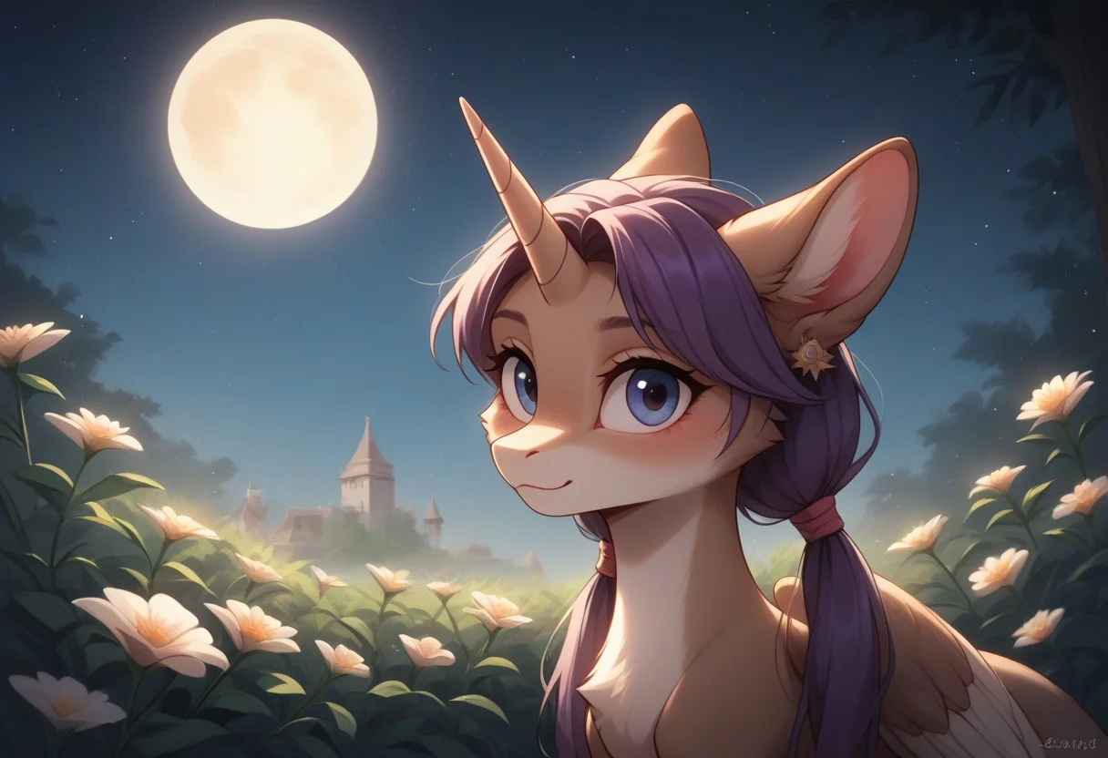 score_9, score_8_up, score_7_up, score_6_up, score_5_up, score_4_up, Starlight Glimmer, alicorn pony, g5, inside, rich colors, aroused, front view, detailed background, pony, solo, detailed, 8k quality, side view, beautiful, teasing, easel and brushes, leaned to the floor, close up, free actions, (masterpiece:1.5), 8k, best quality, ultra-detailed, (high res), cinematic lighting, beautiful lighting, high quality, studio quality, detailed, insanely detailed, extreme detail, refined detail, perfect detail, max detail, smooth lighting, detailed background, hyper detailed body, beautiful lighting, vibrant lighting, global illumination, absurdres, high-res, dynamic lighting, score_9, score_8_up, score_7_up, ponypositive, 1girl, looking at viewer, (narrow waist, skinny, small body, slim), (outdoors, floral garden), bright lighting, daylight, sunshine, cute, kawaii, (closed mouth), happy, ((standing)), alone, gleaming eyes, large eyes, ((cowboy shot)), (hands at the sides), (rating_safe, sfw), source anime, <lora:xl_more_art-full_v1:0.8> , PonyXLV6_Scores, unity 8k wallpaper, perfect anatomy, <lora:PerfectEyesXL:1> , perfect eyes, <lora:hand 5.5:1> , perfect hands, detailed hands, winnie, furry female, brown fur, blue eyes, low twintails, earrings, chibi, night, starry skies, moonlight, large Moon,