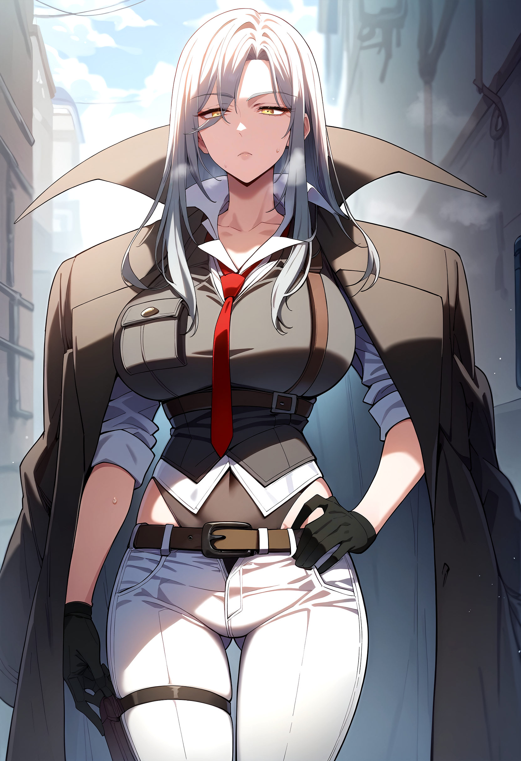 score_9, score_8_up, score_7_up, score_6_up, source_anime, rating_explicit, <lora:neg4all_bdsqlsz_V3.5:2.0>1girl, (solo:1.1), huge breasts, <lora:Carmen Lionheartponyxl:1> long hair, yellow eyes, grey hair, white hair, bangs, red necktie, collared shirt, white shirt, black vest, black jacket, thigh strap, white pants, leotard under clothes, black leotard, belt, jacket on shoulders, black gloves, expressionless, Narrow shoulders, sweat, heavy breathing, steaming body, alley, outdoor, looking at viewer