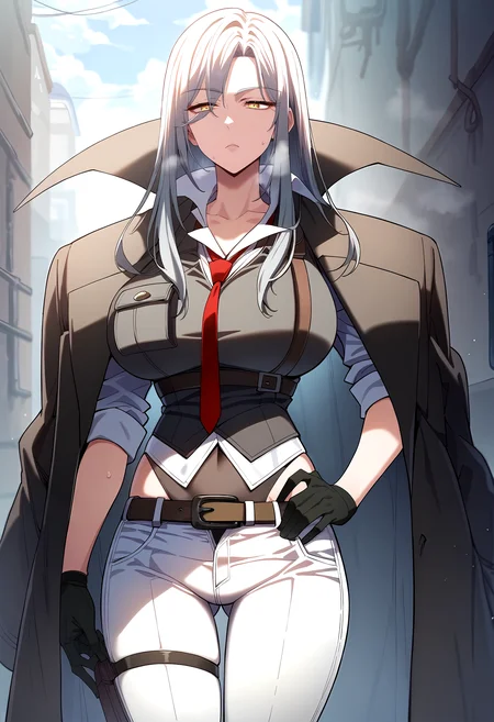 score_9, score_8_up, score_7_up, score_6_up, source_anime, rating_explicit, <lora:neg4all_bdsqlsz_V3.5:2.0>1girl, (solo:1.1), huge breasts, <lora:Carmen Lionheartponyxl:1> long hair, yellow eyes, grey hair, white hair, bangs, red necktie, collared shirt, white shirt, black vest, black jacket, thigh strap, white pants, leotard under clothes, black leotard, belt, jacket on shoulders, black gloves, expressionless, Narrow shoulders, sweat, heavy breathing, steaming body, alley, outdoor, looking at viewer