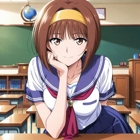 1girl, solo, MikaeMorikawa, masterpiece, best quality, anime screenshot, brown hair, yellow hairband, medium hair, bob cut, brown eyes, serafuku, short sleeves, upper body, breasts, collarbone, arms behind back, pleated skirt, blue skirt, indoor, classroom, sitting, head rest, leaning forward, looking at viewer, smile, chalkboard, indoors, classroom, podium, desks, bookcase, globe,