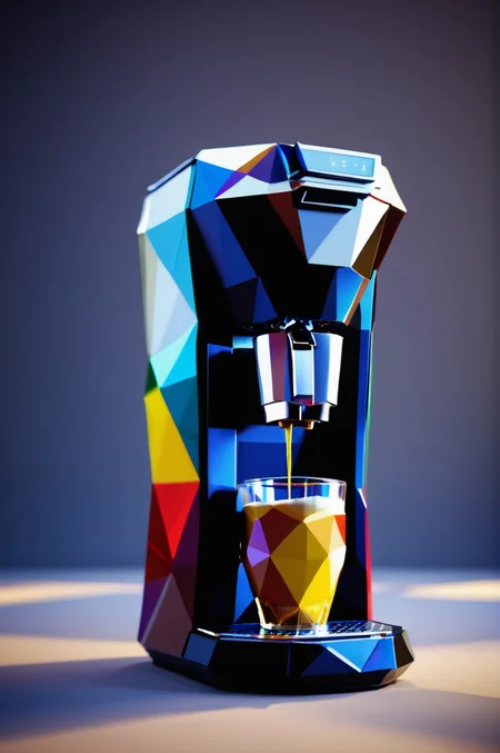 coffee machine made of lowpoly, character focus:1.1 , dramatic angle, magic, colorful background <lora:LowpolyXL_LoRA:1>
