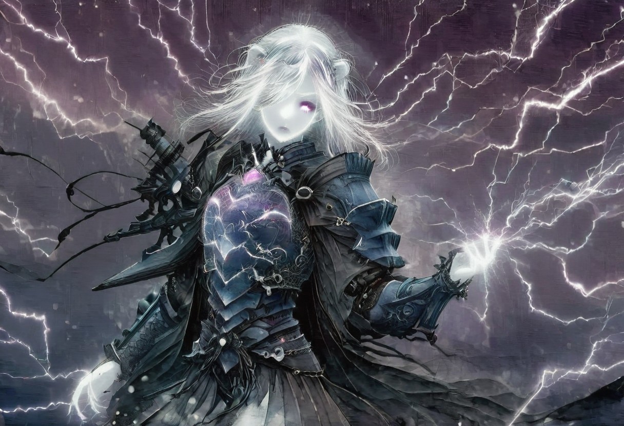 (Masterpiece:1.3), (best quality:1.2), (detailed background:1.1), (intricate details:1.1), (detailed background:1.2), 1girl, solo focus, standing, perfect anatomy, 
bleakfaith,
source_anime, night sky, dark cloud background, sky background, thunder on background, only purple lightning, purple sparks,
BREAK
watercolor, chinese,traditional,
BREAK
(purple hair:1.2),(pale skin:1.3), (white skin:1.5),1girl,solo, mysterious, vivid color, shiny, (short purple hair), bob cut hair, purple eyes,glowing purple pupils, human ears, sparks from one eye,
laugh arrogantly,
BREAK
Clothes(dark suit,armor, lion chest plate), lightning, dark purple thunder, chinese style, 
spraks in hand,
BREAK
looking at the viewer, front view, full view,
best quality, ultra-detailed, absurdres, detail face, best quality, hires textures, high detail, (4k),incredibly detailed
NegativeDynamics,