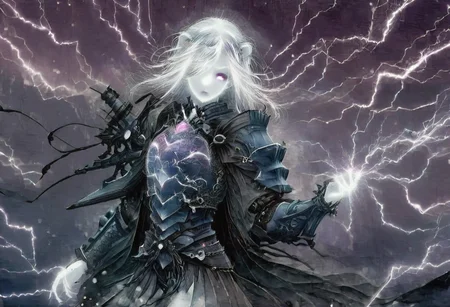 (Masterpiece:1.3), (best quality:1.2), (detailed background:1.1), (intricate details:1.1), (detailed background:1.2), 1girl, solo focus, standing, perfect anatomy, 
bleakfaith,
source_anime, night sky, dark cloud background, sky background, thunder on background, only purple lightning, purple sparks,
BREAK
watercolor, chinese,traditional,
BREAK
(purple hair:1.2),(pale skin:1.3), (white skin:1.5),1girl,solo, mysterious, vivid color, shiny, (short purple hair), bob cut hair, purple eyes,glowing purple pupils, human ears, sparks from one eye,
laugh arrogantly,
BREAK
Clothes(dark suit,armor, lion chest plate), lightning, dark purple thunder, chinese style, 
spraks in hand,
BREAK
looking at the viewer, front view, full view,
best quality, ultra-detailed, absurdres, detail face, best quality, hires textures, high detail, (4k),incredibly detailed
NegativeDynamics,
