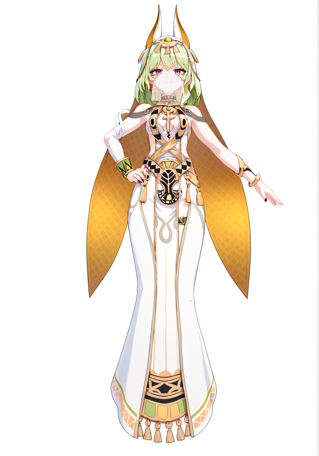 score_9, score_8_up, score_7_up, score_6_up, 8k, 
8k, best quality, masterpiece, (ultra-detailed), (high detailed skin), white background, simple background, 
(full body), (white background), standing, looking at viewer, (solo), hand on hip, 
<lora:mobius-pony-Tanger:0.75>,mobius, mobius's egyptian clothes, cat ears hood, 1girl, green hair, jewelry, white dress, bracelet, veil, bandages, vertical pupil, purple eyes,
beautiful_face, intricate_detail, clear face, 
finely_detailed, fine_fabric_emphasis, 
full_shot,