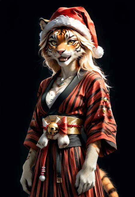 A female anthropomorphic tiger samurai, tight, green-and-red-striped Christmas Kimono covered in cartoonish snowmen and candy canes. A tattered Santa hat sits on her head, barely staying in place atop her fluffy tiger ears ears. Her yellow eyes burn with aggression, and her sharp tusks protrude the evil grin she gives the viewer. In her furry hands, she wields a blood-drenched katana, the blades stained with evidence of her previous battles. Despite the clear danger he poses, the ridiculousness of her festive attire contrasts sharply with her ferocious expression and the weapon, making her a comical yet intimidating presence
ffluffy_new_year, merry_furistmas, monochrome, glow, neon, asdfm3cha, highres, (realistic:1.4), perfect sharpness, female (animal furry), very silky detailed fur, tail, paw, animal ears, neg prompt: lowres, hairless skin, shiny skin, human skin, human girl