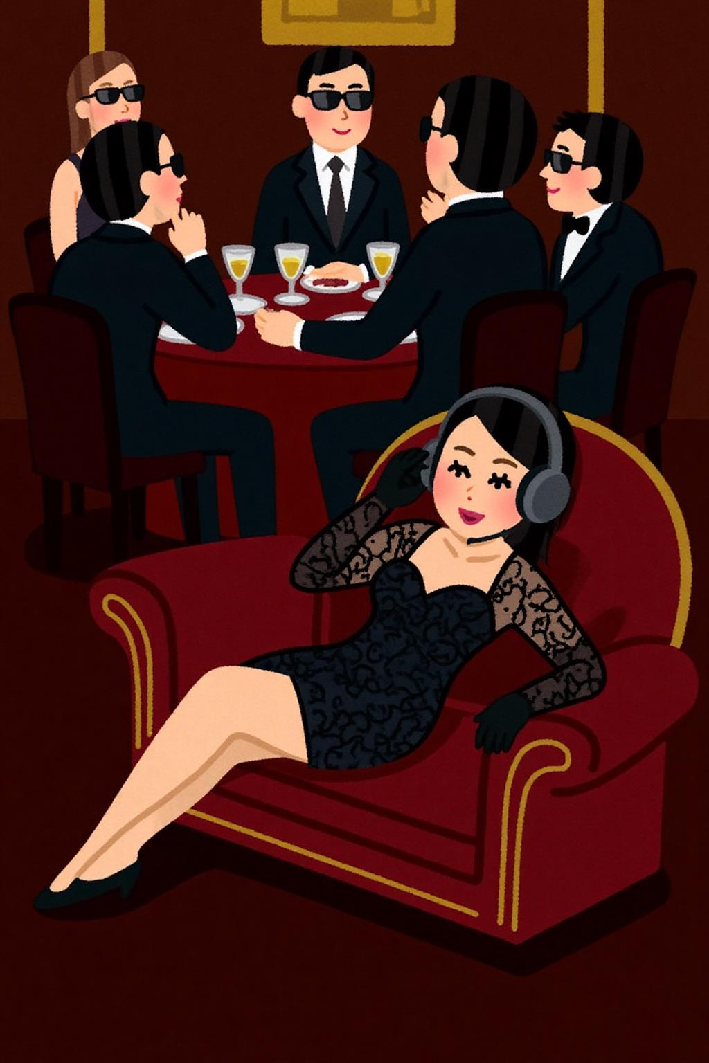 irasutoya1 illustration.
A luxurious, dimly lit lounge set in 1970s Italy, exuding vintage charm and opulence. A stylish young woman in a lace dress, wearing oversized headphones, lounges on a plush velvet couch with an air of cool detachment. She dons sleek black gloves, embodying the effortless glamour of the era. In the background, a group of fashionable, well-dressed people in tailored suits and cocktail dresses sit around a table, enjoying drinks and conversation, all wearing sunglasses. The room is adorned with ornate gold decor, rich velvet textures, and the warm glow of dim lighting, evoking the chic sophistication of Italy's high society in the 1970s. 
 <lora:irasutoya1_cap_d8a4e8:1.0><lora:846907952999716995:0>