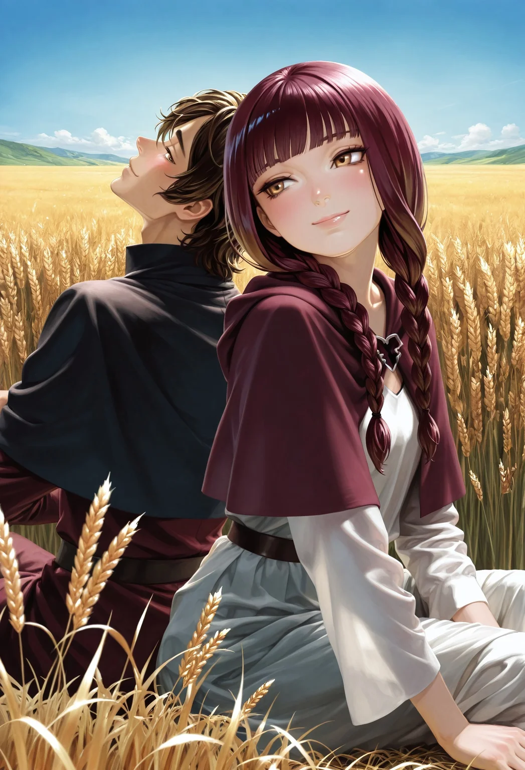 masterpiece, best quality, very aesthetic, highly detailed, detailed, absurdres, highres, newest, moyataro,
hetero, looking at another, couple focus,
((1girl, morgana_hifm,
yellow eyes, blush, happy, beautiful smile, glossy lips, twin braids, blunt bangs, capelet, sitting, back to back, sideways glance, looking back at another))
BREAK
((1boy, jacopo_hifm, head back, turning head, sitting, back to back, looking back at another))
BREAK
blue sky, wheat field,
film grain, cinematic lighting,
dynamic pose, depth of field, detailed background
