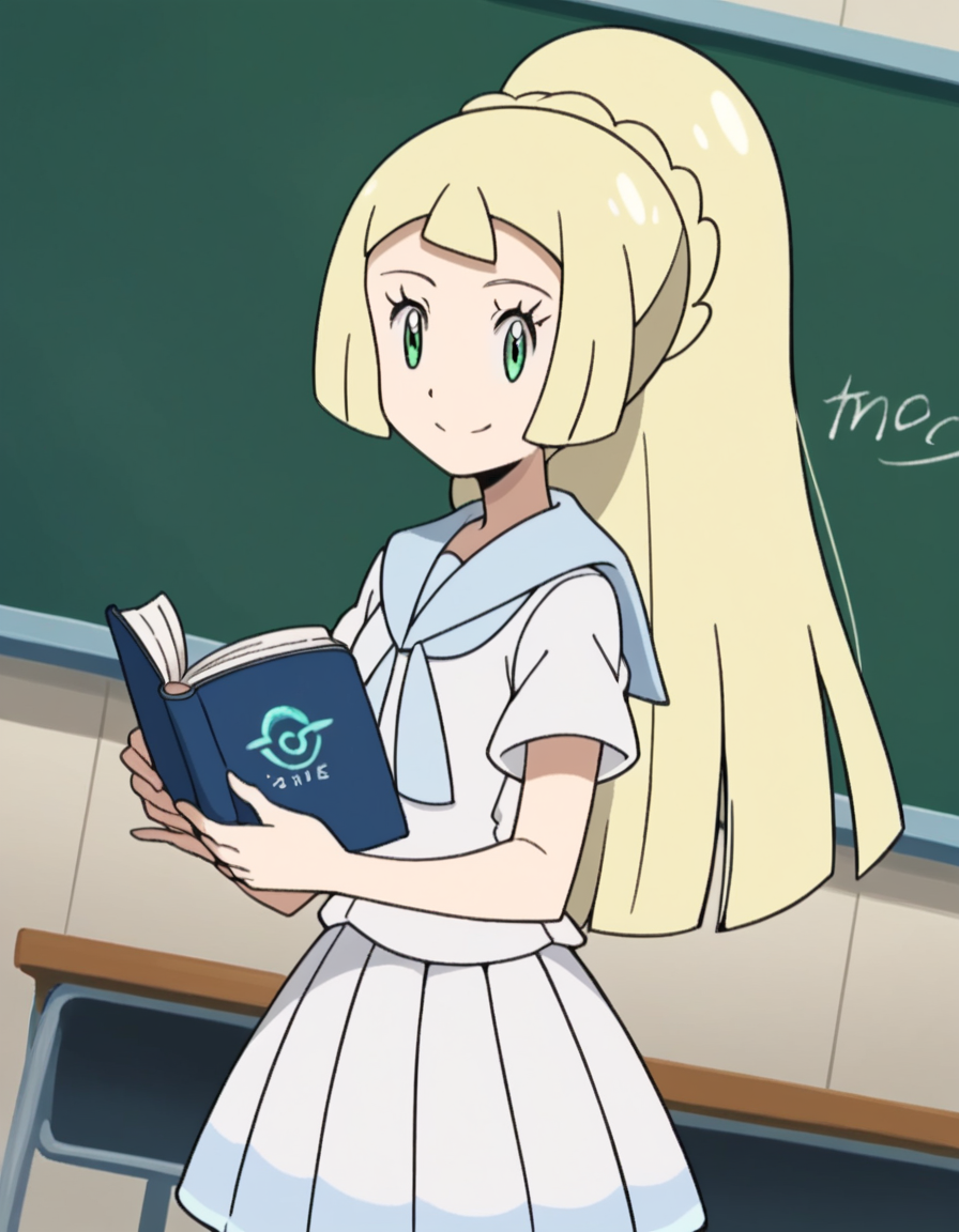 score_9, score_8_up, score_7_up, source_anime, <lora:pokemon-lilie-anime-ponyxl-lora-nochekaiser:1>, lillie \(pokemon\), blonde hair, blunt bangs, green eyes, long hair,, braid, french braid, high ponytail, miniskirt, pleated skirt, sailor collar, shirt, short sleeves, skirt, white shirt, white skirt,, school uniform, classroom, chalkboard, day time, studying, smile, looking at viewer, solo,, cowboy shot, dutch angle