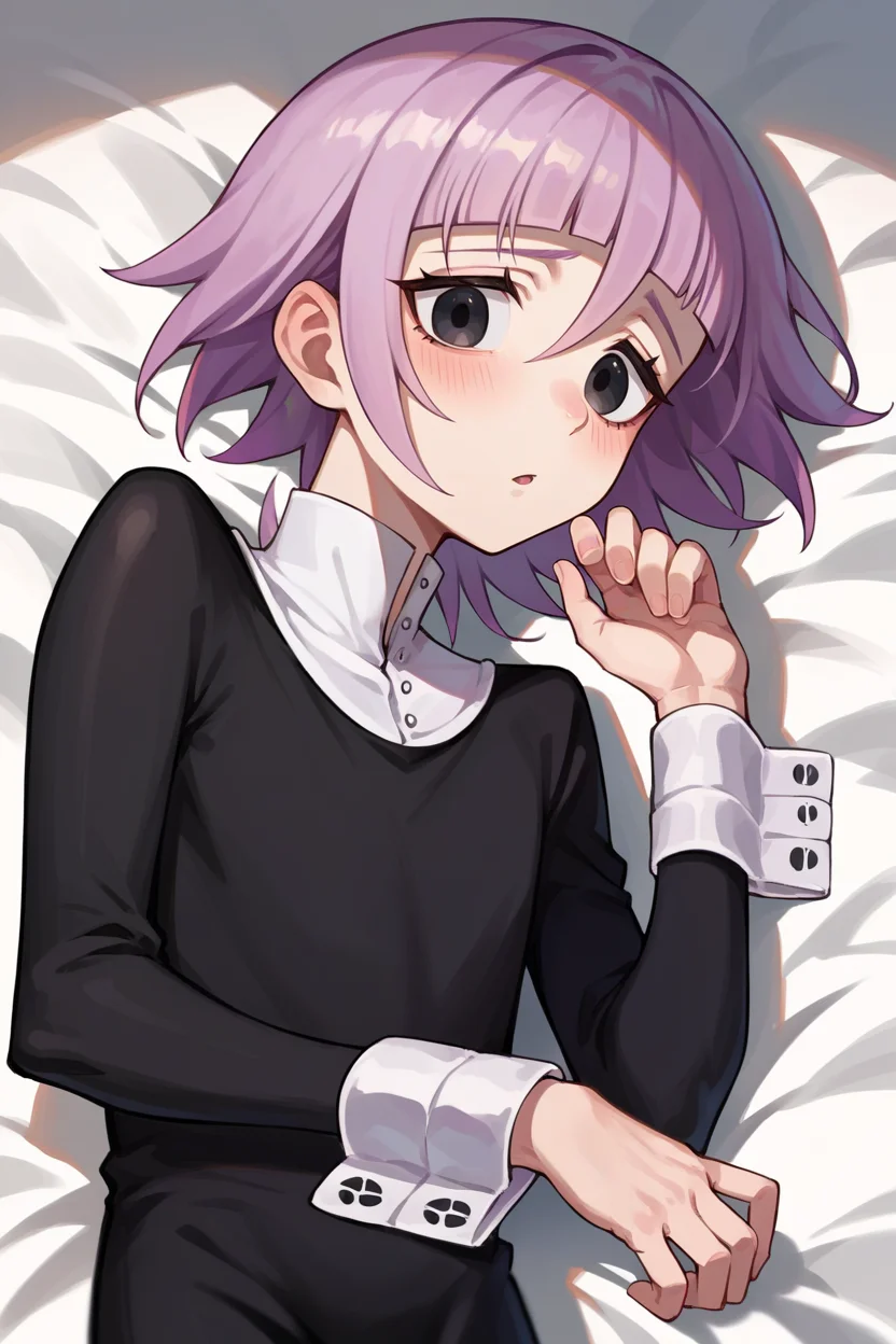 score_9, score_8_up, score_7_up, score_6_up, source_anime, solo,  <lora:crona-pdxl-nvwls-v1-000005:1> crona, purple hair, short hair, black eyes, white collar, black dress, long sleeves, long dress, wrist cuffs, lying on side, looking at you, chestnut mouth, blush