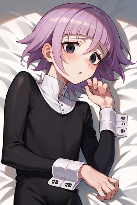 score_9, score_8_up, score_7_up, score_6_up, source_anime, solo,  <lora:crona-pdxl-nvwls-v1-000005:1> crona, purple hair, short hair, black eyes, white collar, black dress, long sleeves, long dress, wrist cuffs, lying on side, looking at you, chestnut mouth, blush