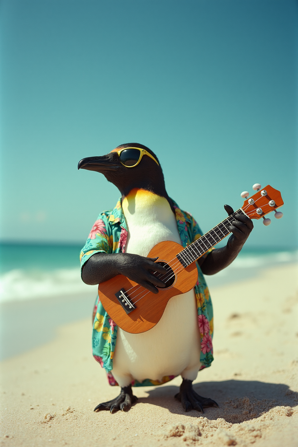 Penguin wearing sunglasses and a Hawaiian shirt, playing a ukulele on a tropical beach, under a clear blue sky, Yashica T4 with Jupiter-9 85mm f/2, bright and lively hues, cinematic light, complementary colors: lime green, coral, azure.