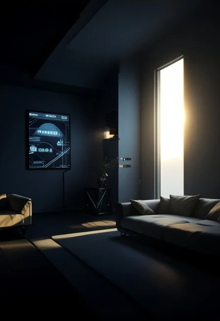 EnD_CyberFutureLandscape Style, futuristic dining room setting, specular highlights, side lighting, extreme light and shadow, cinematic lighting, cinematic angle, natural lighting, score_9, score_8_up, score_7_up, score_6_up, score_5_up, score_4_up,