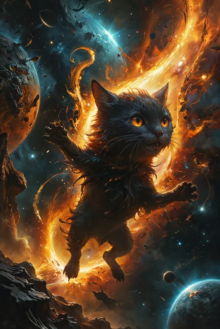 Depict a brutal cosmic event unfolding in the vastness of space. A sun is gradually being absorbed by a black hole, its fiery surface stretched and twisted as it's pulled into the abyss. Observing from a distant planet, the viewer is filled with helplessness, witnessing the cataclysmic spectacle. The distortion of time and space creates a surreal atmosphere, with light bending and stars warping around the event horizon. The entire scene feels unreal, almost artificial, raising the question: could this truly be happening? The viewer's perception is challenged as reality itself seems to break down in the presence of such a monumental event.
hyperdetailed photography, masterpiece, best quality, high quality, highres, ultra-detailed, best quality, 8K, high resolution, extreme detail,
<lora:add-detail-xl:2> <lora:MJ52:0.5> <lora:DetailMaximizer:0.5> <lora:tbh266-sdxl:0.5> style of Bestiary