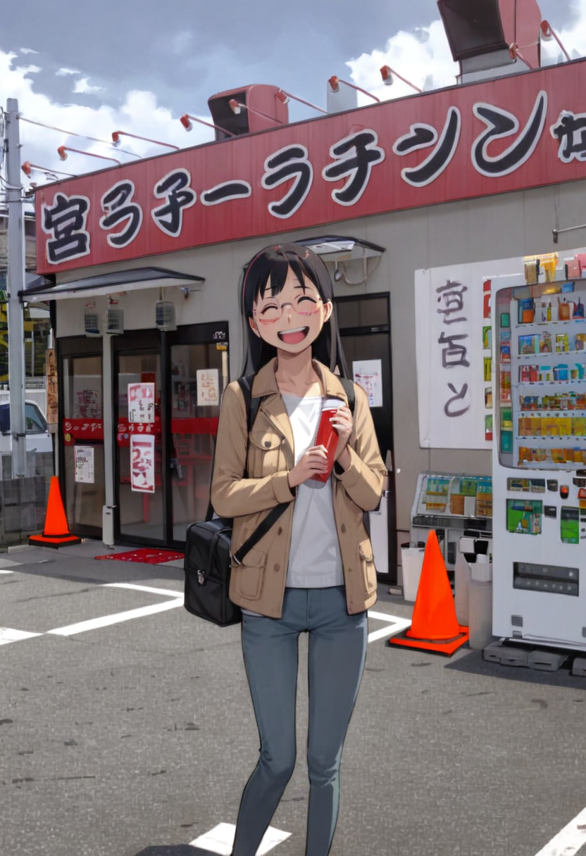 masterpiece, best quality, very aesthetic, absurdres,
1girl, solo, glasses, black hair, long hair, field jacket, jeans, black bag, smile, laughing, looking at viewer, solo focus,
miyakko, scenery, storefront, japan, outdoors, scenery, sky, cloud, power lines, utility pole, building, road, traffic cone, day, vending machine, sign, street, cloudy sky, shop
 <lora:miyakko_storefront_SDXL_V2:1> <lora:col_xl:0.6>
