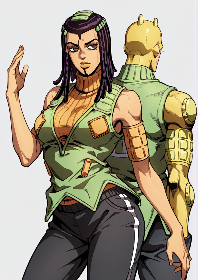 3rme5, (jjba:0.6), 1girl, ermes costello, using standpower, sleeveless, orange turtleneck sweater, green jacket, black sports trackpants, hand raised, \(jojo\), K1s5, yellow skin, bald, pink pins, covered in stickers, standing behind,  <lora:Jojos_Bizarre_Adventure_Ermes_Costello_-_IL:0.7>