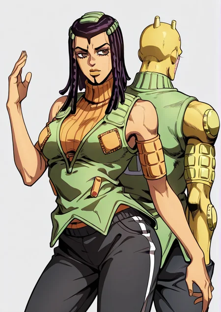 3rme5, (jjba:0.6), 1girl, ermes costello, using standpower, sleeveless, orange turtleneck sweater, green jacket, black sports trackpants, hand raised, \(jojo\), K1s5, yellow skin, bald, pink pins, covered in stickers, standing behind,  <lora:Jojos_Bizarre_Adventure_Ermes_Costello_-_IL:0.7>