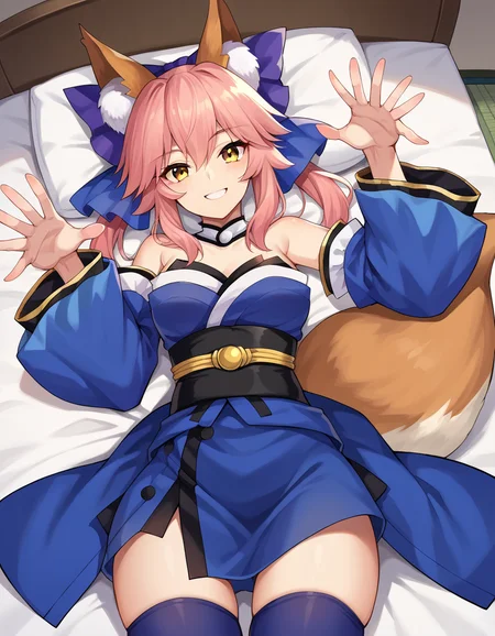 score_9, score_8_up, score_7_up, source_anime,
tamamonomae, <lora:tamamo-no-mae-ponyxl-lora-nochekaiser:1>,
tamamo, animal ear fluff, animal ears, fox ears, fox girl, fox tail, hair ribbon, pink hair, tail, yellow eyes, smile, mature female,
bare shoulders, blue kimono, blue ribbon, blue thighhighs, collarbone, detached sleeves, japanese clothes, kimono, thighhighs,
indoors, bed, bed room, on back, arm support, arms up, incoming hug, pov, reaching, reaching towards viewer,
looking at viewer, cowboy shot, dutch angle,