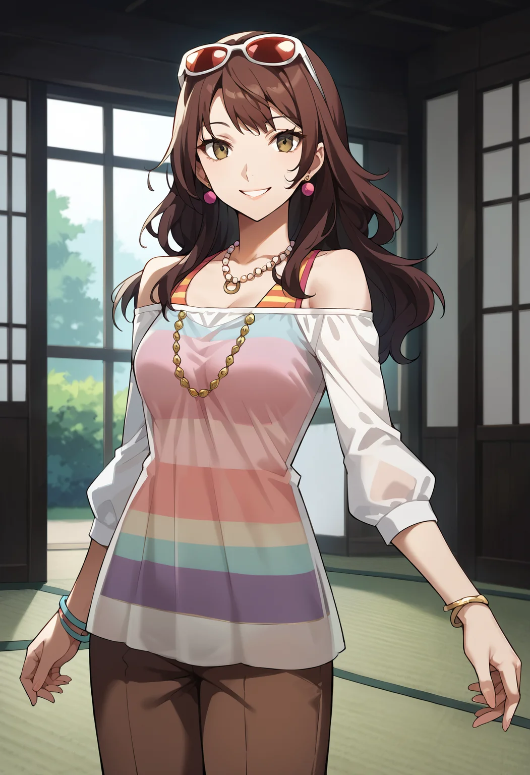 score_9, score_8_up, score_7_up, score_6_up, score_5_up, score_4_up, source_anime
1 girl, solo,
p4rise, kujikawa rise, long hair, brown hair, earrings,
p4rise-timeskip, alternate hairstyle, hair down, eyewear on head, sunglasses, bead necklace, layered clothing, off-shoulder shirt, bare shoulders, see-through shirt, see-through, long sleeves, tank top, rainbow tank top, brown pants, capri pants, bracelet, wristband,
indoors, tatami, standing, cowboy shot, looking at viewer, smile,
masterwork, masterpiece, best quality, hyper-detailed