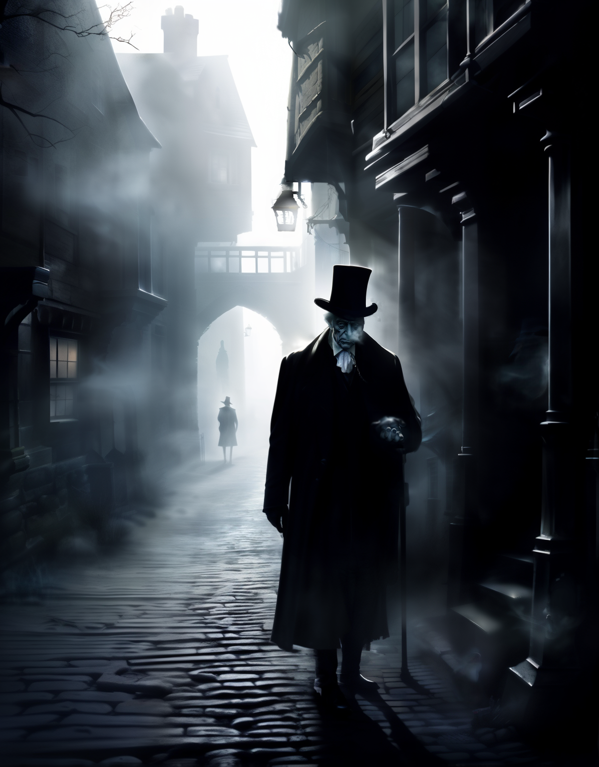 photo realistic contrast shadows spectral figure of a ghostly old man smoking a pipe walking stick  Victorian streets Dickins  standing  facing camera vapour misty haunting translucent apparition  BREAK  <lora:DarkAlley:0.8> dark, alley, with, stone, building, night, street, tower cobblestone moonlight orange lanterns <lora:Add More Details- High -detail++:0.5>  <lora:epi_noiseoffset2:0.2>