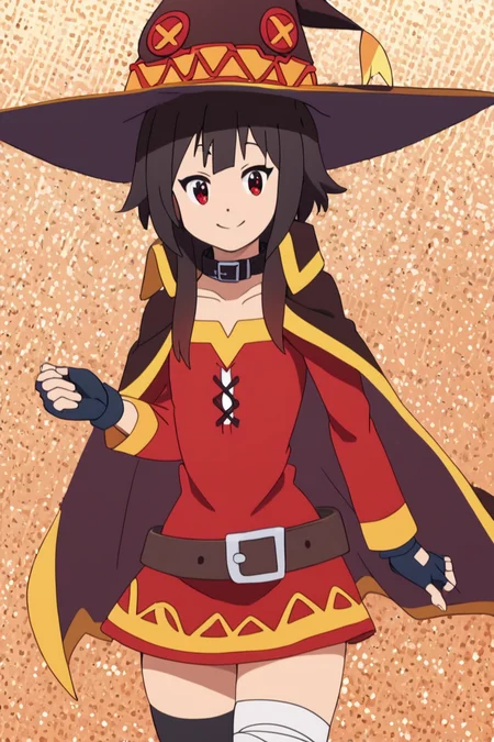 score_9, score_8_up, score_8, medium breasts, (curvy), cute, eyelashes, BREAK, , BREAK, <lora:konosuba-megumin-s2-ponyxl-lora-nochekaiser:0.7>, megumin, short hair, black hair, red eyes, short hair with long locks, thighhighs, gloves, positive:BREAK, hat, dress, black gloves, belt, black thighhighs, fingerless gloves, cape, collar, witch hat, bandages, red dress, single thighhigh, asymmetrical positive:BREAK, legwear, bandaged leg,, <lora:Alola_Style_PDXL:1.0>, , BREAK, smile, looking at viewer, cowboy shot, embedding:zPDXL, Expressiveh, <lora:SDXLFaeTastic2400:0.5>, <lora:Expressive_H-000001:0.4>,