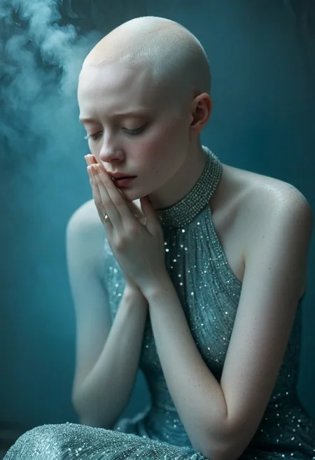 A photograph of an albino woman with her head shaved, wearing ornate silver and gold jewelry, crying into the palm of one hand while sitting on concrete in a dark room covered in glittery pale blue dust, in the style of Tim Walker. The lighting is moody, creating a dreamlike atmosphere. Dark