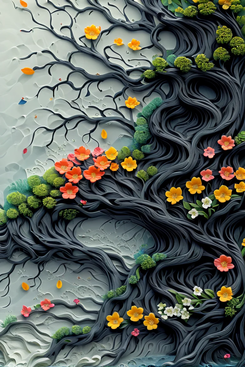 <lora:artfullyTREELUSION_SDXL_V1:1>, arttrlsn,
<lora:artfullyFLOWERTREE_SDXL_V:1>, artflwtr, tree, waterfall, flowers, carved relief