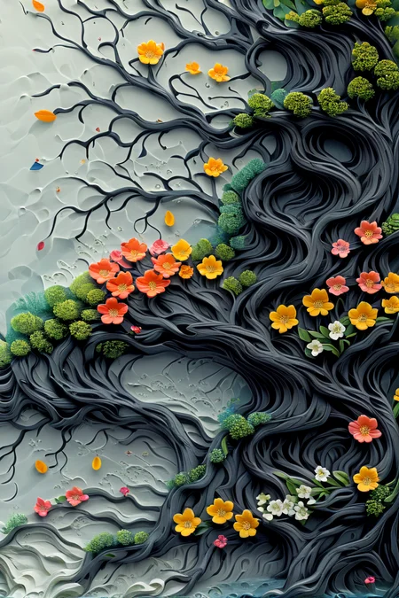 <lora:artfullyTREELUSION_SDXL_V1:1>, arttrlsn,
<lora:artfullyFLOWERTREE_SDXL_V:1>, artflwtr, tree, waterfall, flowers, carved relief